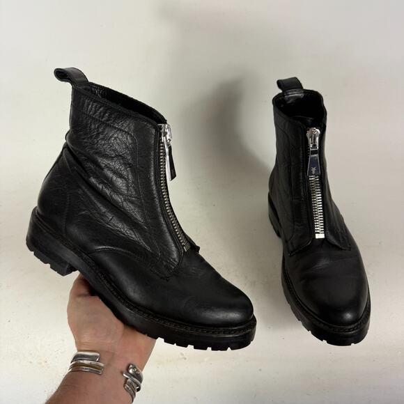 Frye Julie Combat Boots Women's 7 Black Leather Front Zip Round Toe Block Heel - Picture 1 of 9